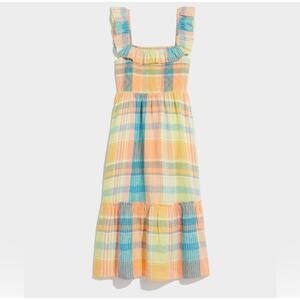 Vineyard Vines Yellow Plaid Lemon Tart Smocked Linen Midi Dress Size Medium